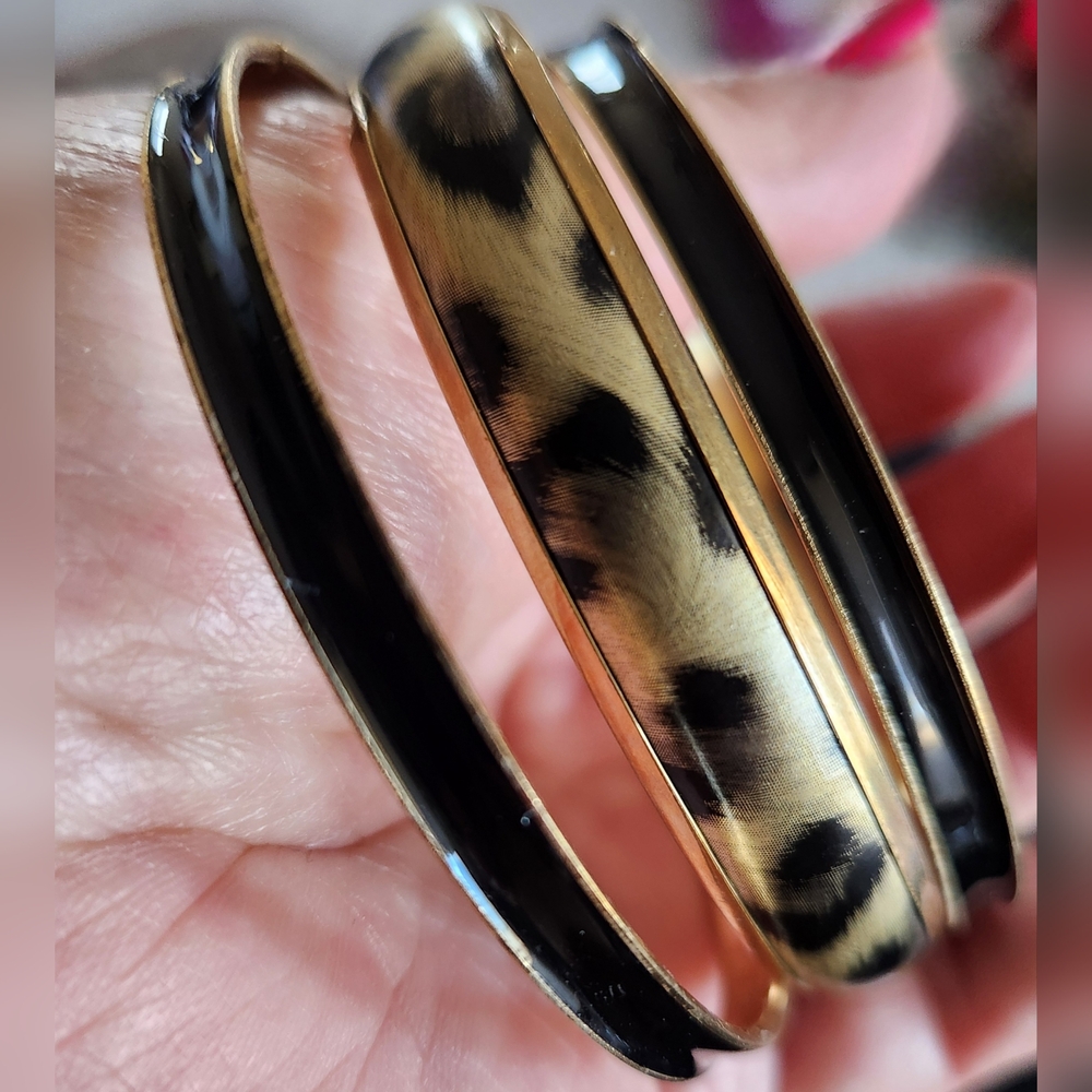 Leopard Print and Black Bangle Set